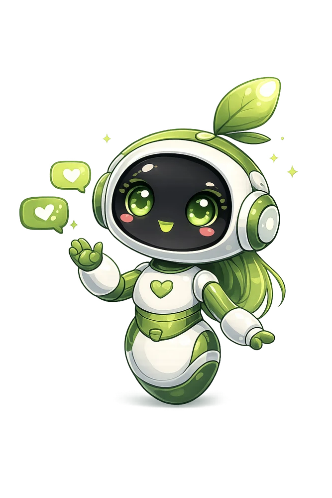 La mascotte dell'assistente: un piccolo robot verde con una foglia in testa