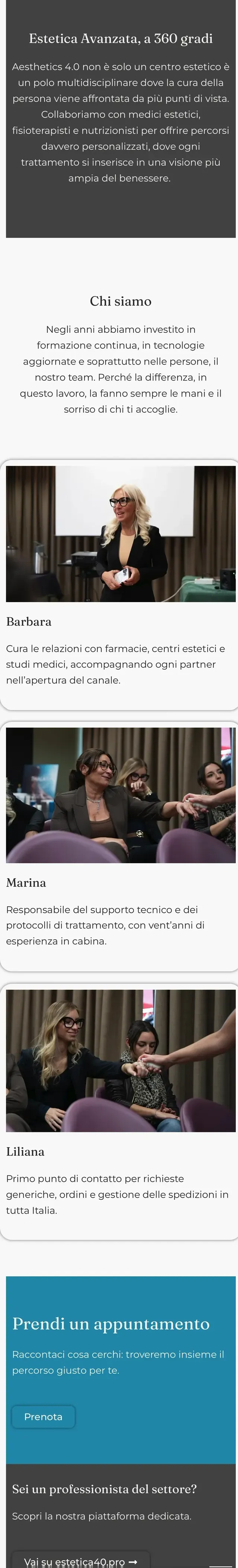 Aesthetics 4.0 su telefono: team e appuntamento