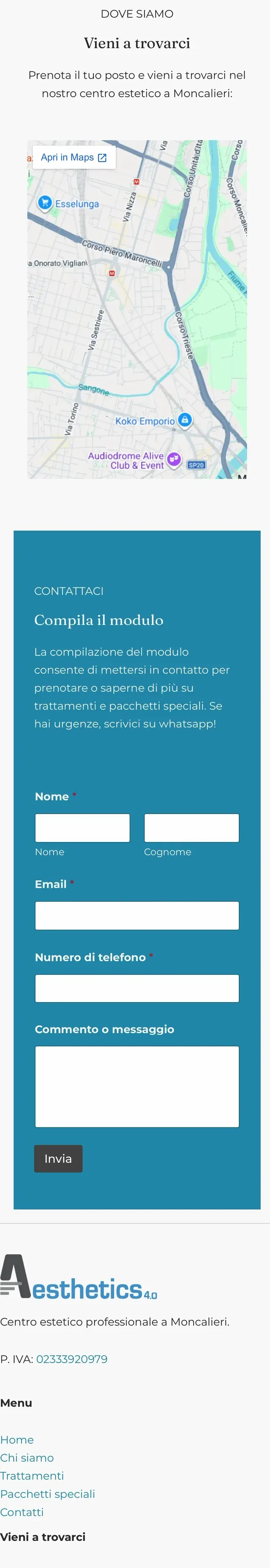 Aesthetics 4.0 su telefono: dove siamo, modulo, footer