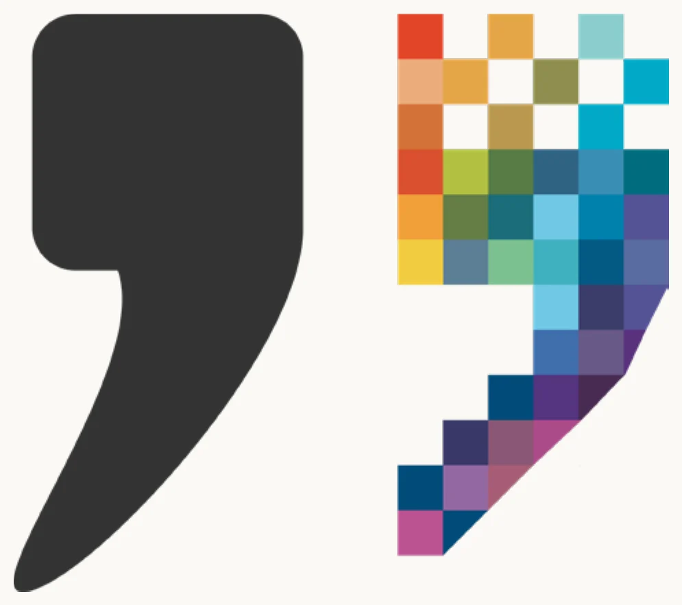 Logo ammartaggio: una virgoletta piena e una virgoletta scomposta in pixel colorati