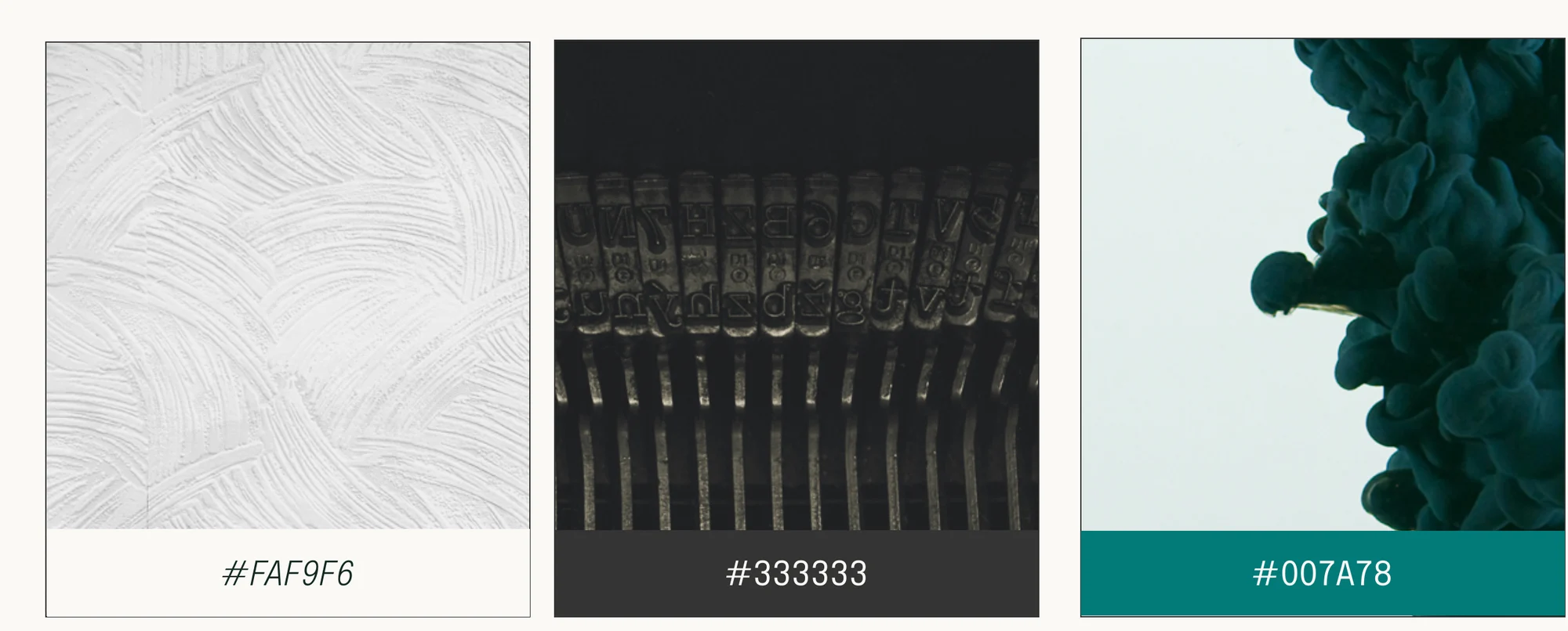 Palette: #FAF9F6 su una texture bianca, #333333 sui tasti di una macchina da scrivere, #007A78 su un'ombra d'inchiostro