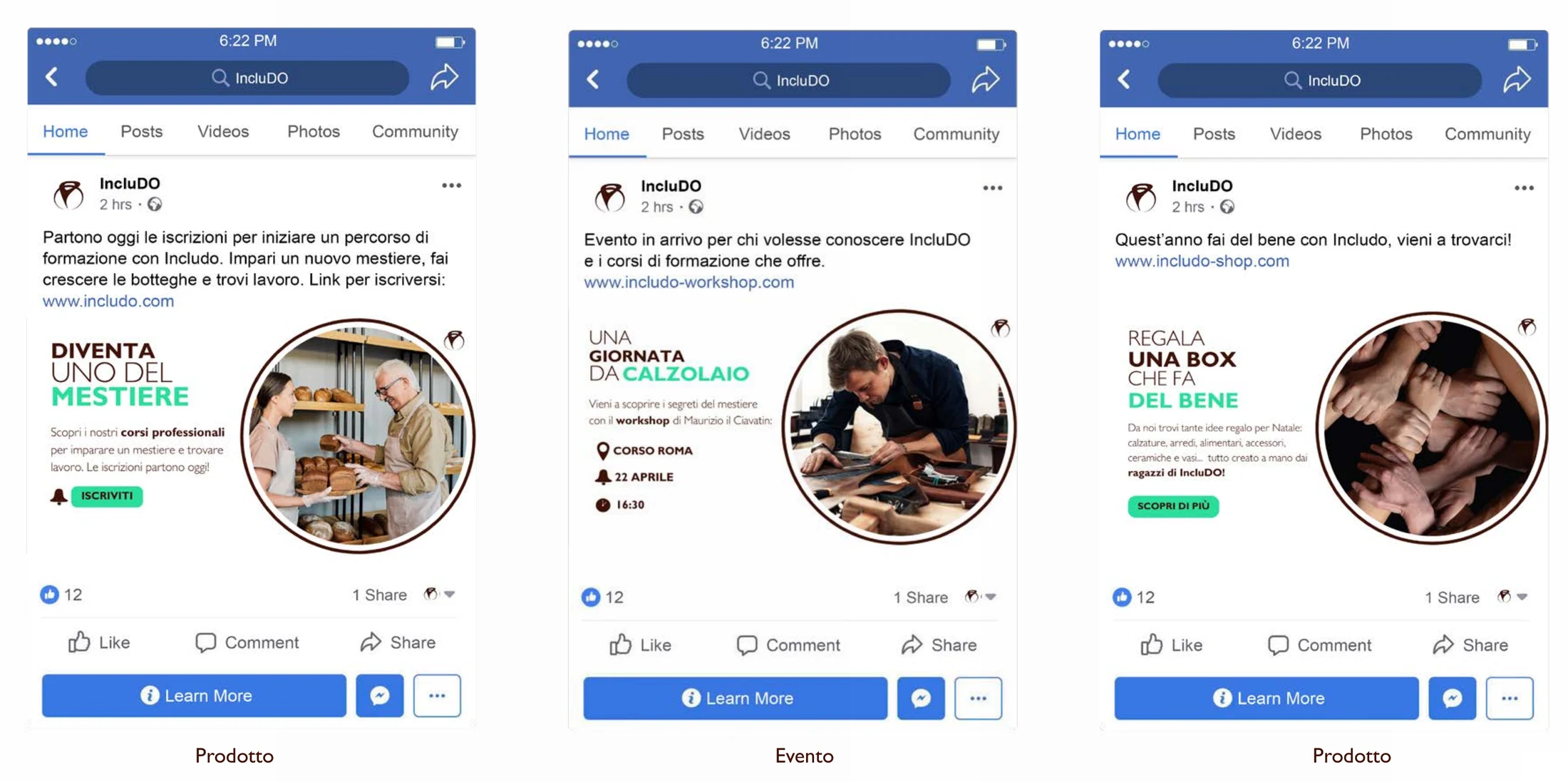 Tre post Facebook di IncluDO: prodotto, evento e prodotto