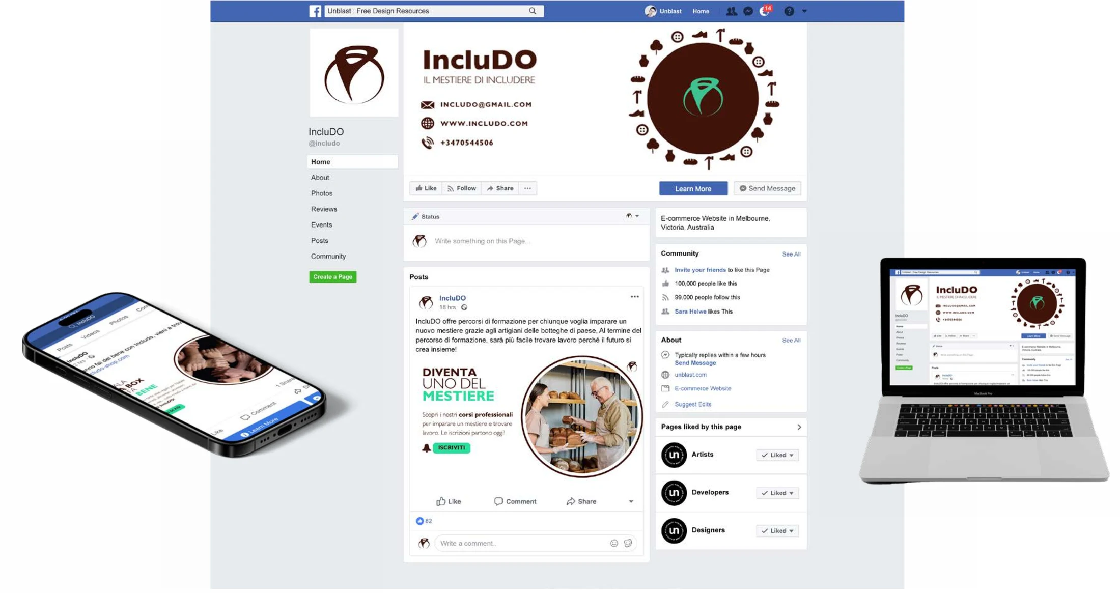Pagina Facebook di IncluDO su desktop, laptop e smartphone