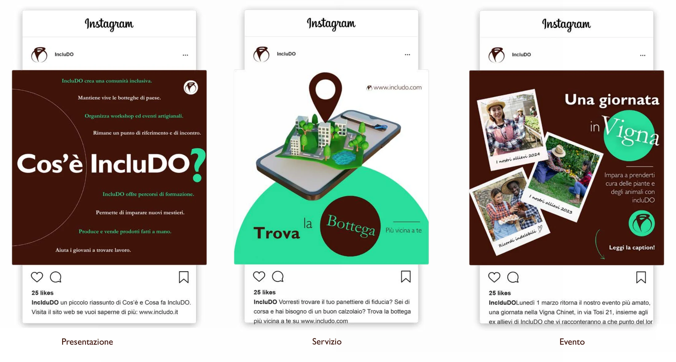 Tre post Instagram di IncluDO: presentazione, servizio ed evento