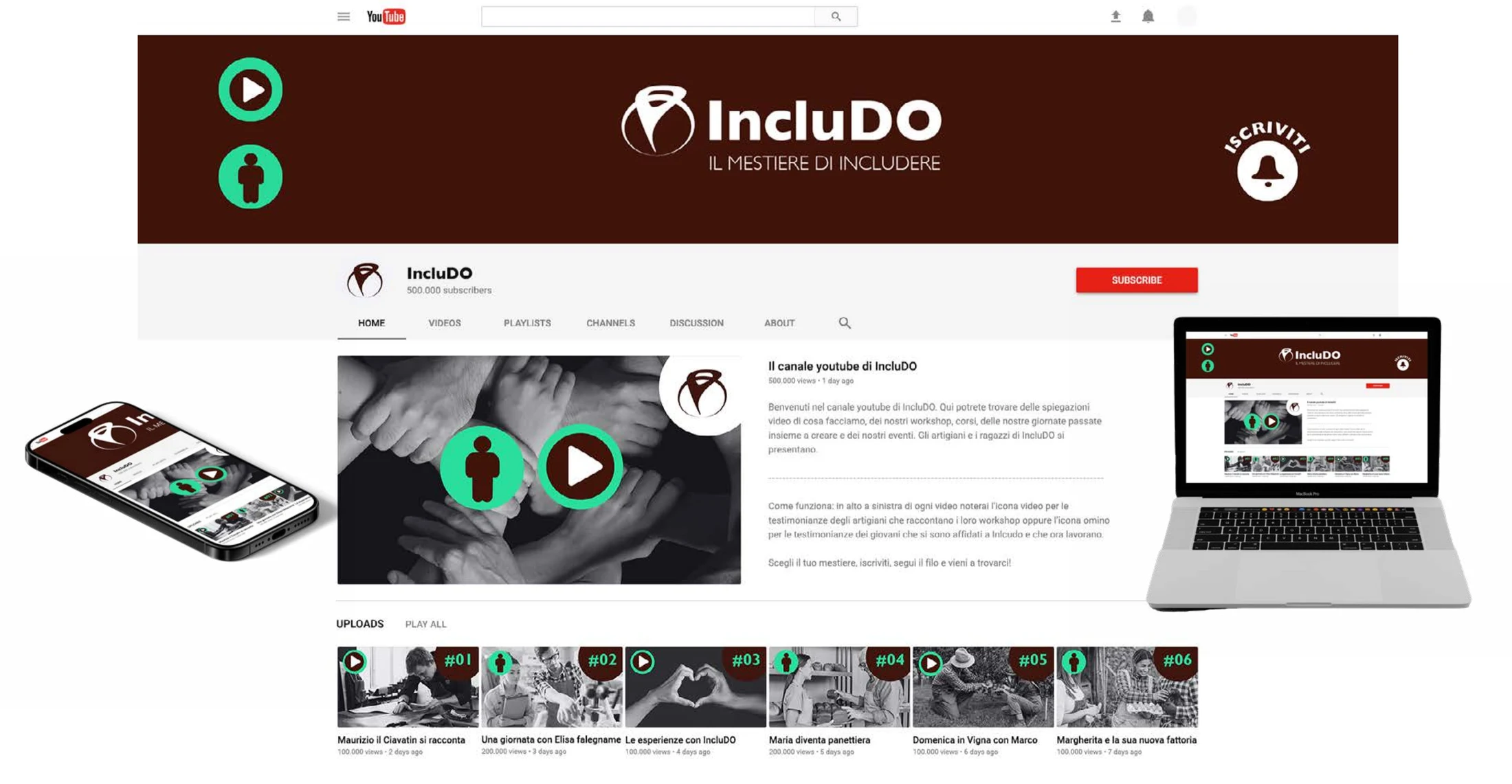 Canale YouTube di IncluDO con copertina, anteprime dei video e mockup su laptop e smartphone