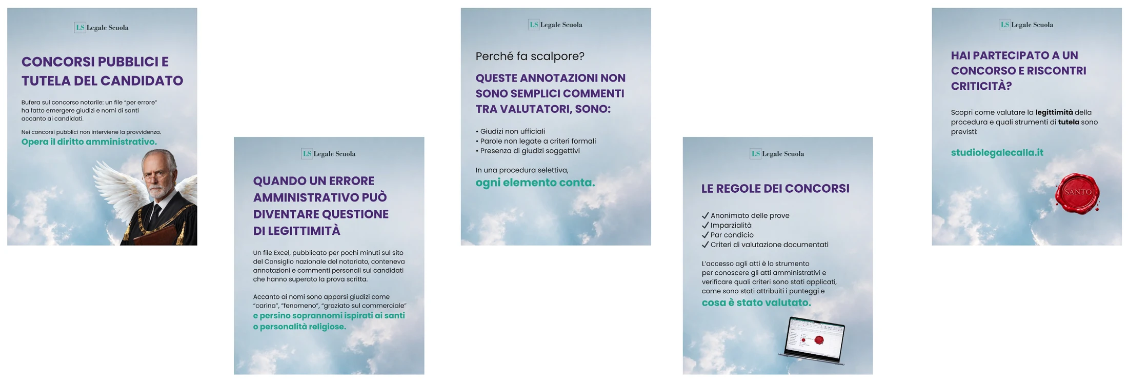 Cinque post social di Legale Scuola su concorsi pubblici e tutela del candidato