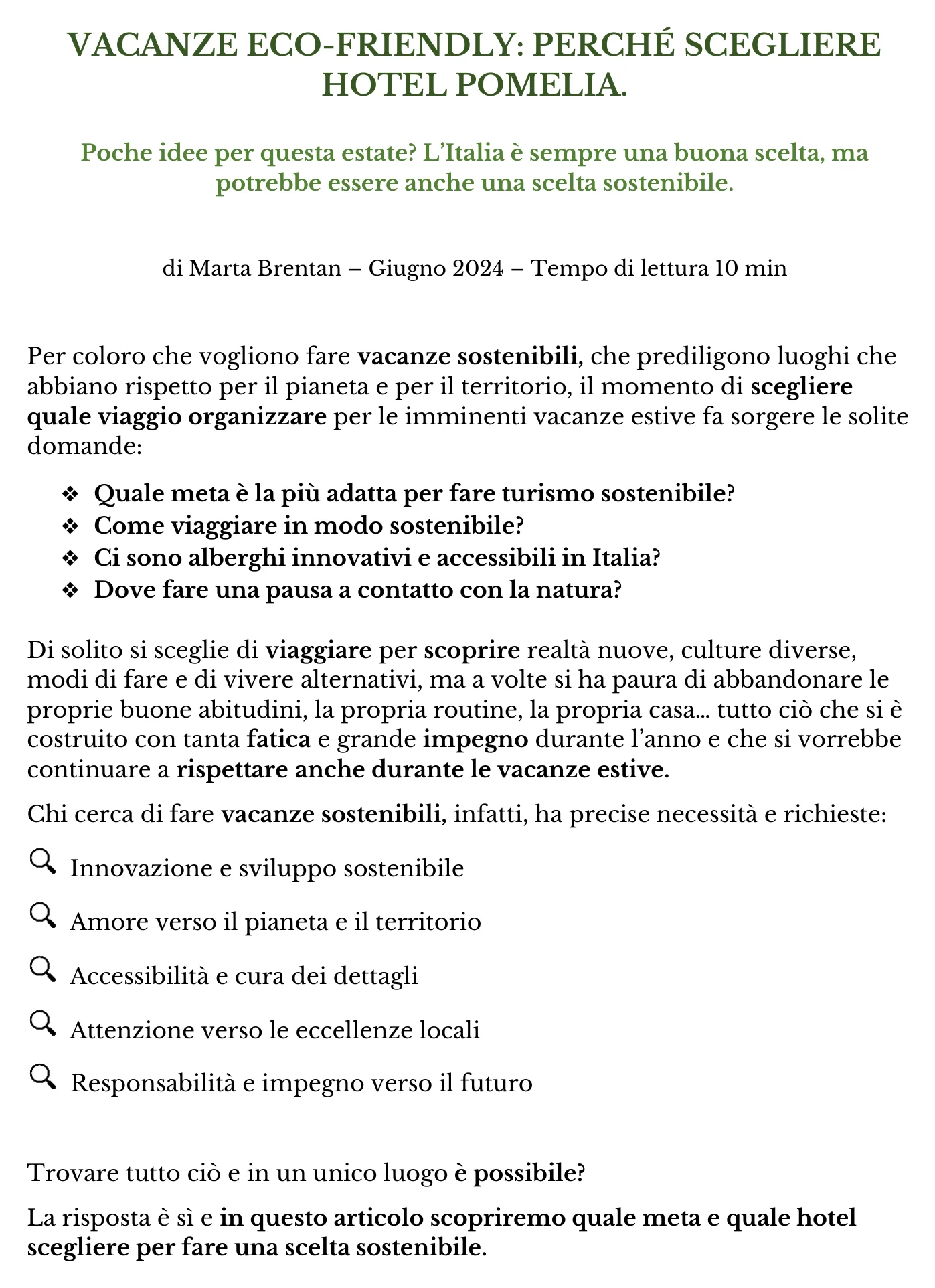 Prima pagina dell’articolo Vacanze eco-friendly: perché scegliere l’Hotel Pomelia