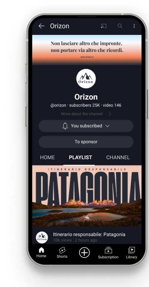 Canale YouTube di Orizon su smartphone